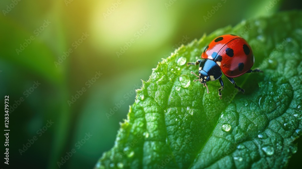 Close-up of a ladybug on a leaf with droplets Close-up of a ladybug on a leaf with droplets