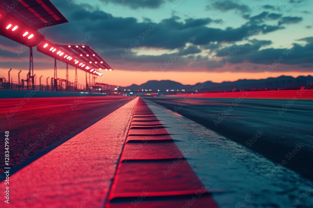 Fototapeta premium Sunrise casts vibrant colors over empty racetrack with dynamic lighting in the distance