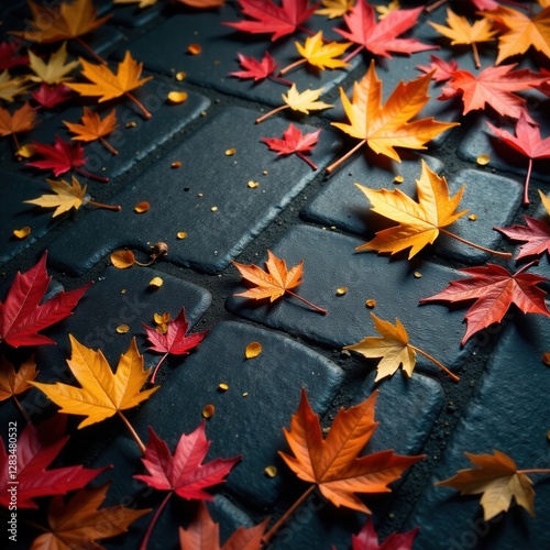 Exotic leaf litter scattered on dark stone floor, dark forest, natural debris, fallen leaves