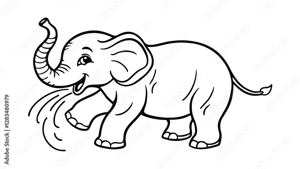 Fototapeta premium Playful Elephant Spraying Water - Cute Line Art Drawing color page for kids