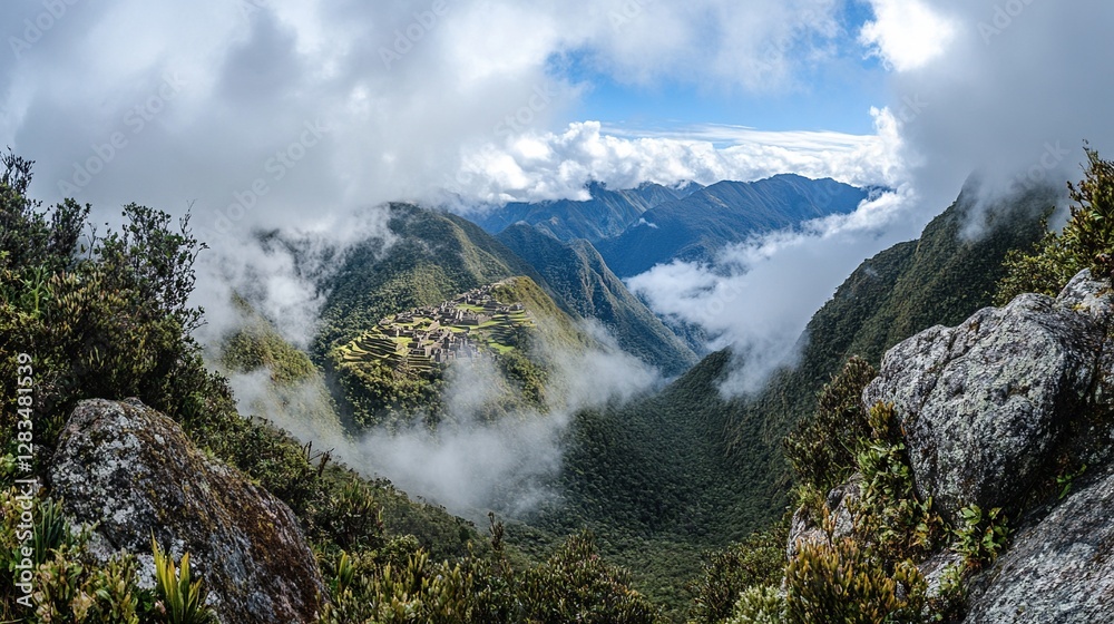 Mountaintop view of ancient ruins nestled in a misty valley. Mountaintop view of ancient ruins nestled in a misty valley.