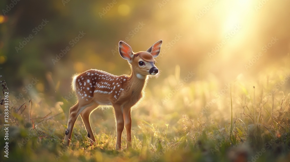 A baby deer (fawn) standing in a misty meadow, gentle morning light shining through A baby deer (fawn) standing in a misty meadow, gentle morning light shining through