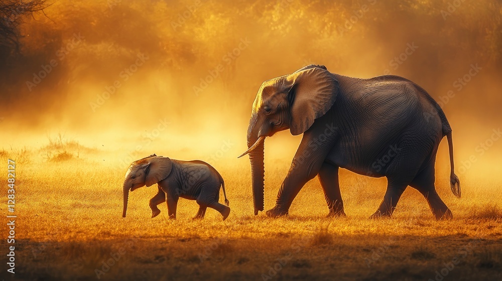 Fototapeta premium A baby elephant walking alongside its mother in the African savannah, warm sunset glow