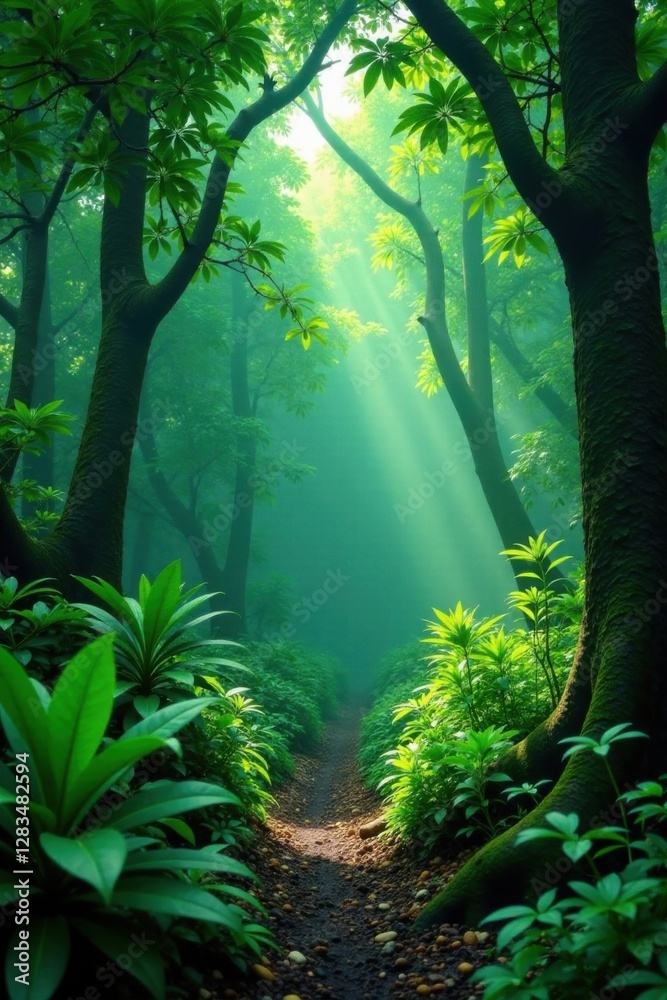 Obraz premium Exotic tropical forest with lush greenery leaf plant species, forest plants, foliage, exotic