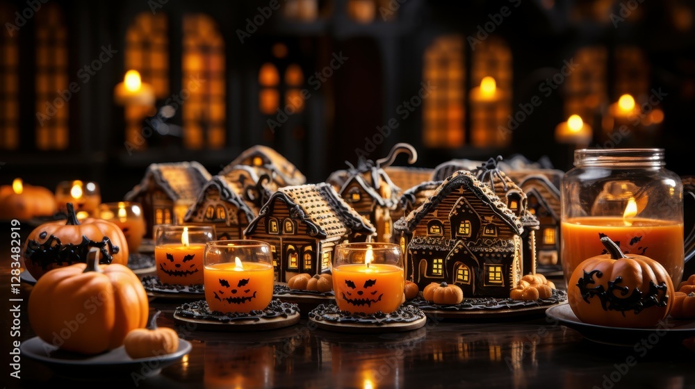 Fototapeta premium Spooky Halloween Display with Gingerbread Houses and Jack O Lantern Candles Festive Ambience
