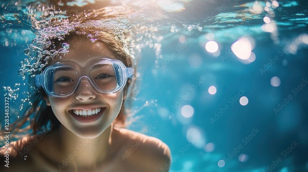 Fototapeta premium Smiling young woman with swimming goggles underwater enjoying summer vacation and swimming in crystal clear pool, lifestyle, happiness, water activities.