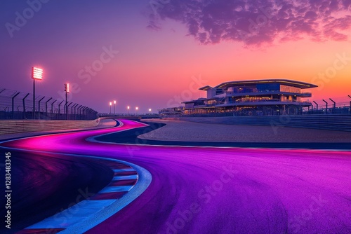 Twilight racing circuit illuminated by vibrant lights at a motorsport venue in an exciting atmosphere
