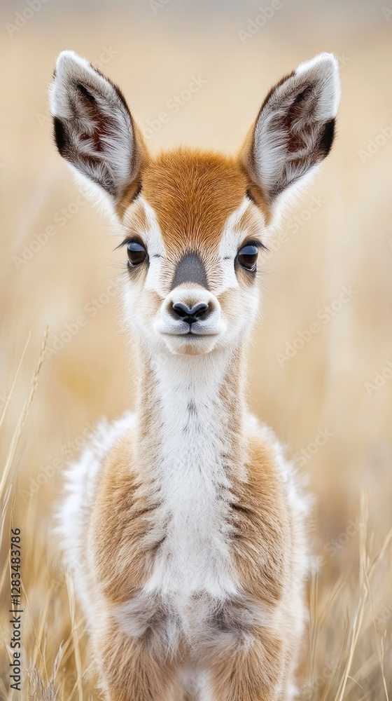 Fototapeta premium A baby pronghorn antelope standing in the golden prairie, its large dark eyes full of curiosity