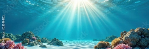 Blue sea landscape with sunbeams on the sand and coral below, sandy ocean, coral reef