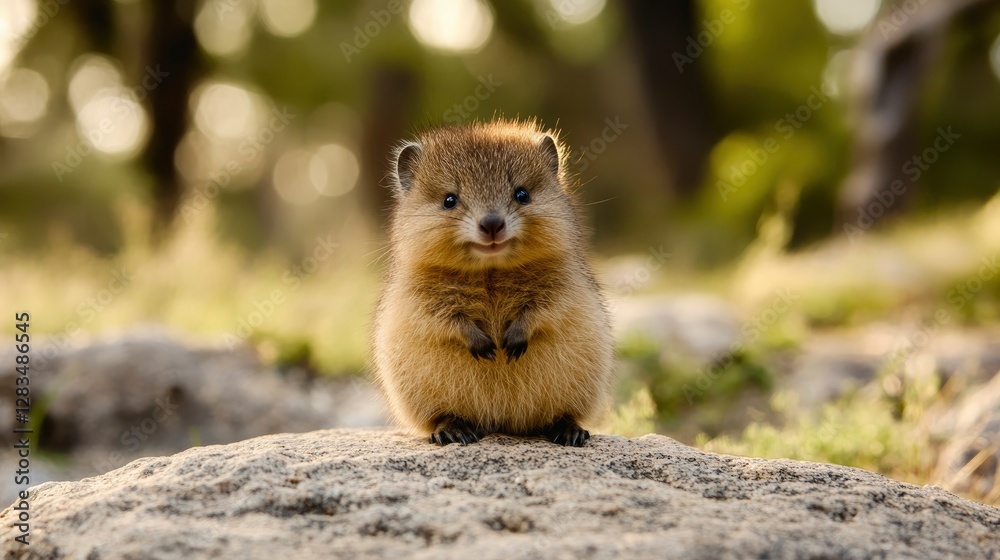 A fluffy baby quokka sitting on a rock, its round face and adorable smile radiating happiness A fluffy baby quokka sitting on a rock, its round face and adorable smile radiating happiness