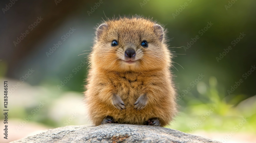 Naklejka premium A fluffy baby quokka sitting on a rock, its round face and adorable smile radiating happiness
