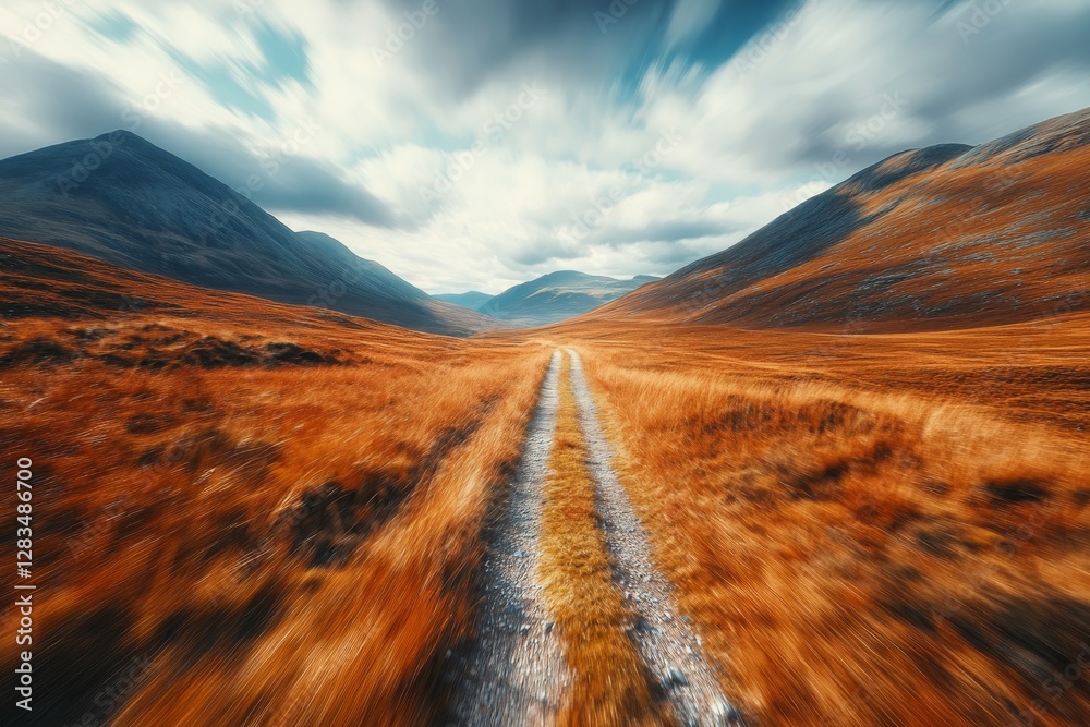 Obraz premium Beautiful winding path through colorful highland landscape under a dramatic sky in the afternoon light