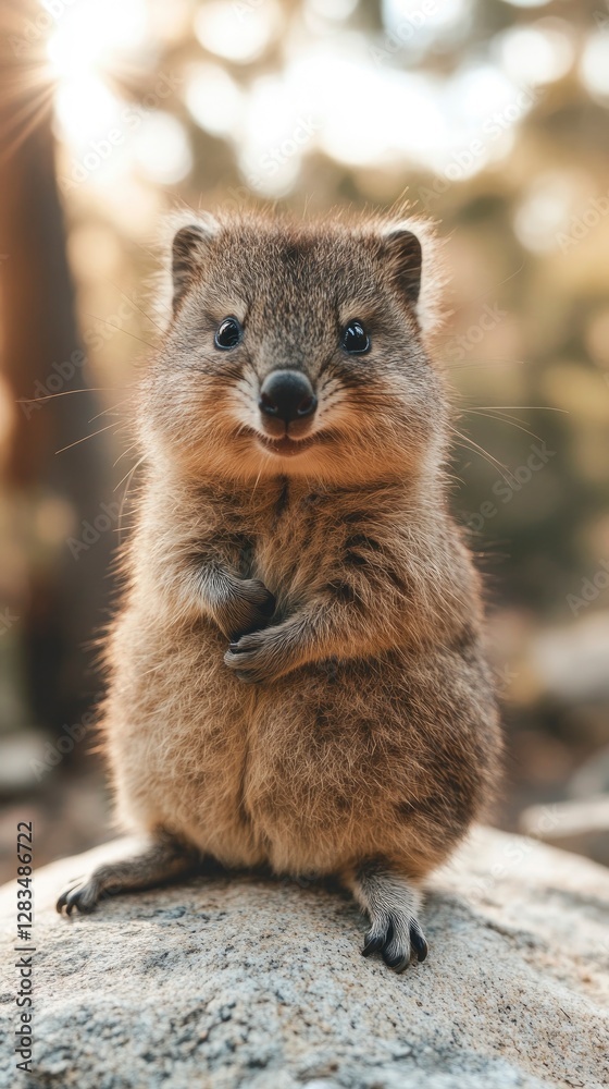 Naklejka premium A fluffy baby quokka sitting on a rock, its round face and adorable smile radiating happiness
