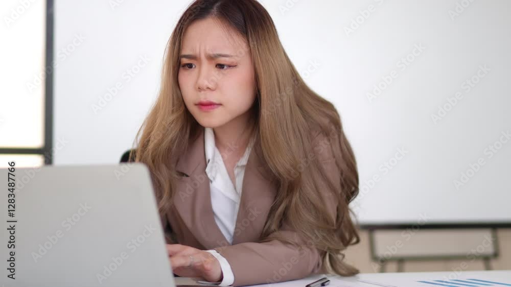Stressed Asian businesswoman analyzing financial reports on a laptop in an office Stressed Asian businesswoman analyzing financial reports on a laptop in an office