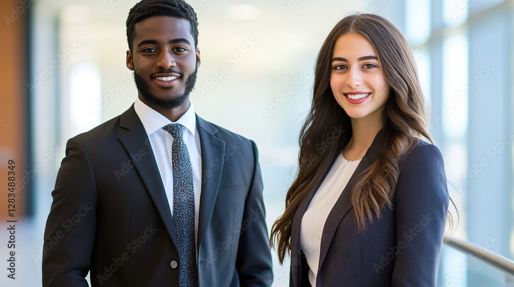 Two professionals in formal attire, exuding confidence and professionalism in a modern business setting Two professionals in formal attire, exuding confidence and professionalism in a modern business setting