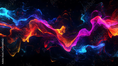 Abstract digital waveforms in glowing neon colors on a dark background