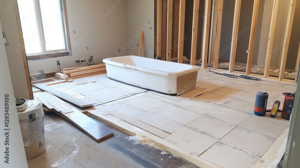 A close-up of a bathtub being positioned in the newly expanded space, surrounded by unfinished flooring and tools. A close-up of a bathtub being positioned in the newly expanded space, surrounded by unfinished flooring and tools.