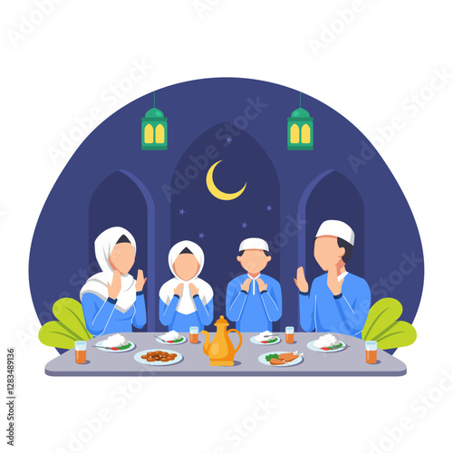 Muslim Family Having Meal Together with Family. Break Fasting activity
