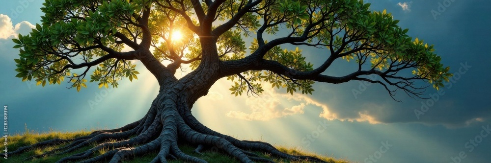 Obraz premium Family tree branch with roots growing from a central trunk , bonding, family, heritage