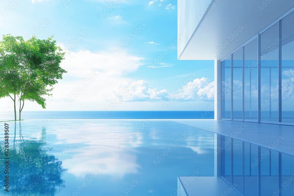 Fototapeta premium Serene pool view featuring blue sky, calm water, and modern architecture by the ocean