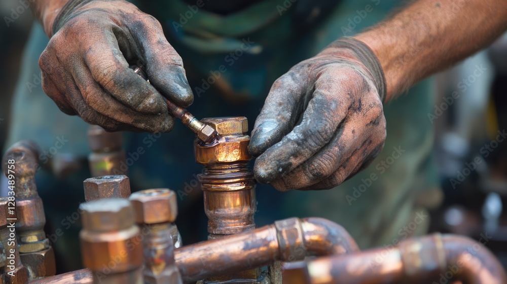 A close-up of a plumber soldering copper pipes for a new bathtub water connection. A close-up of a plumber soldering copper pipes for a new bathtub water connection.
