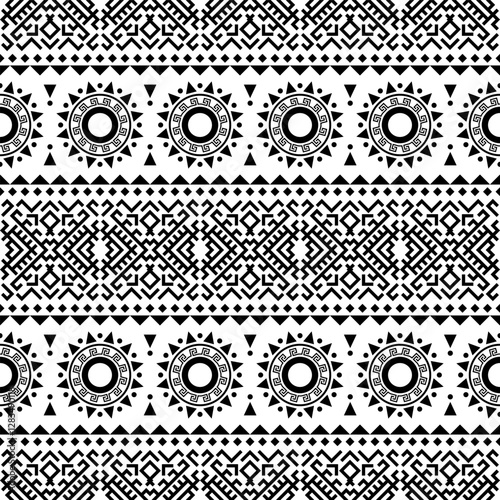 A striking seamless pattern featuring bold, repeating geometric shapes in black and white. Inspired by ancient tribal motifs, ideal for textiles, home decor, and digital designs.