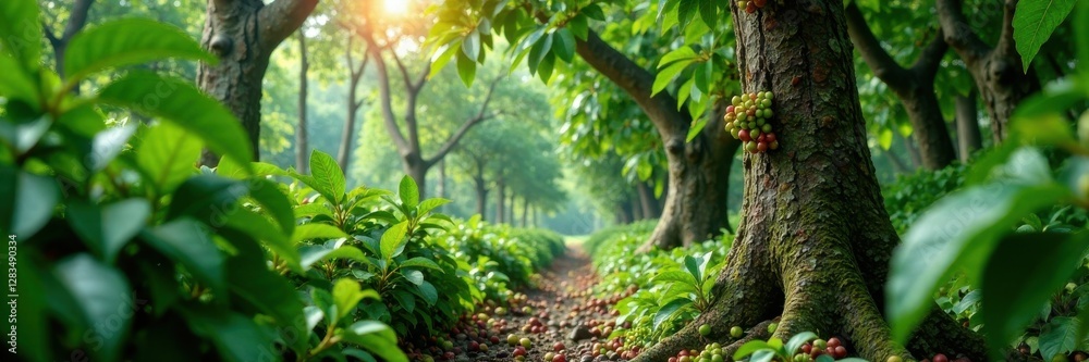 Mature coffee plants thrive in the tropical landscape with vibrant green foliage and gnarled branches, green, nature Mature coffee plants thrive in the tropical landscape with vibrant green foliage and gnarled branches, green, nature
