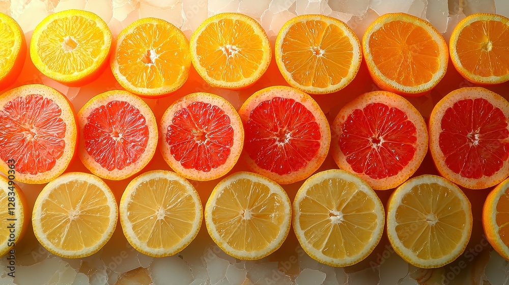 Citrus Slices Freshly Displayed Bright Arrangement of Oranges Grapefruit and Lemon on Ice Arrangement Citrus Slices Freshly Displayed Bright Arrangement of Oranges Grapefruit and Lemon on Ice Arrangement