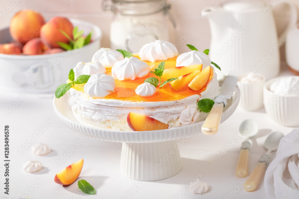 Homemade peach meringue made of fruit and whipped cream. Homemade peach meringue made of fruit and whipped cream.