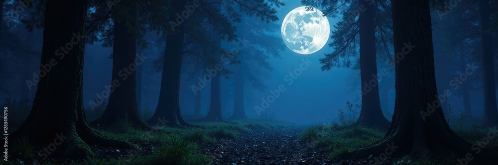 Naklejka premium The silver glow of the full moon illuminates the dark forest floor, mystical ambiance, lunar glow