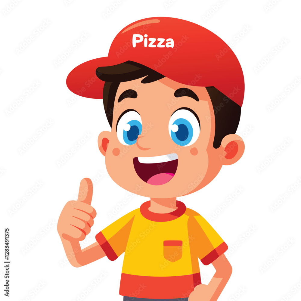 Cartoon illustration of a young boy dressed in a pizza delivery uniform, wearing a red cap with Cartoon illustration of a young boy dressed in a pizza delivery uniform, wearing a red cap with