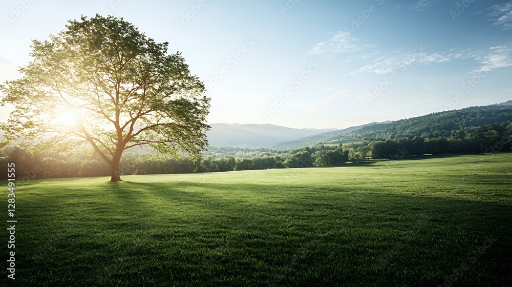 Single Tree in a Sunlit Green Field with Rolling Hills in the Background Single Tree in a Sunlit Green Field with Rolling Hills in the Background