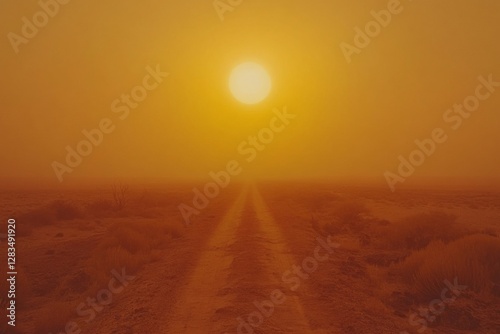 Sunset on a dusty road in the desert showcasing a warm glow and minimal visibility during a sandstorm