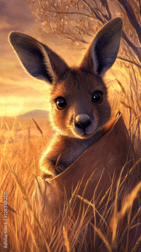 Fototapeta premium Cute baby kangaroo (joey) hides in the grass, its big eyes full of curiosity