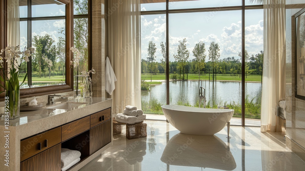 Fototapeta premium A contemporary bathroom featuring a floating vanity, a freestanding bathtub, and a transparent glass wall.