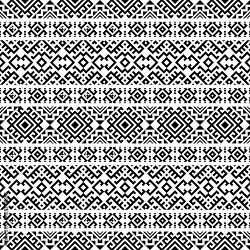 A modern yet traditional black and white seamless geometric pattern with horizontal symmetry. Inspired by Aztec and Inca art, perfect for fashion, branding, and decorative projects.