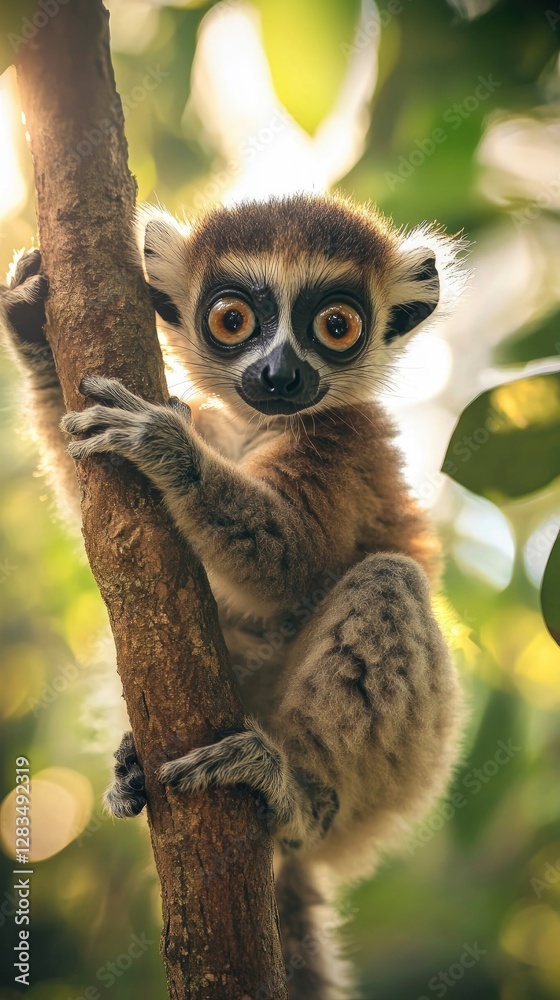 Fototapeta premium Cute baby lemur clinging to a tree branch with wide, curious eyes
