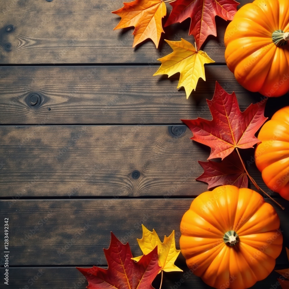 Pumpkins and autumn leaves fall onto a wooden background, dark, pumpkin Pumpkins and autumn leaves fall onto a wooden background, dark, pumpkin