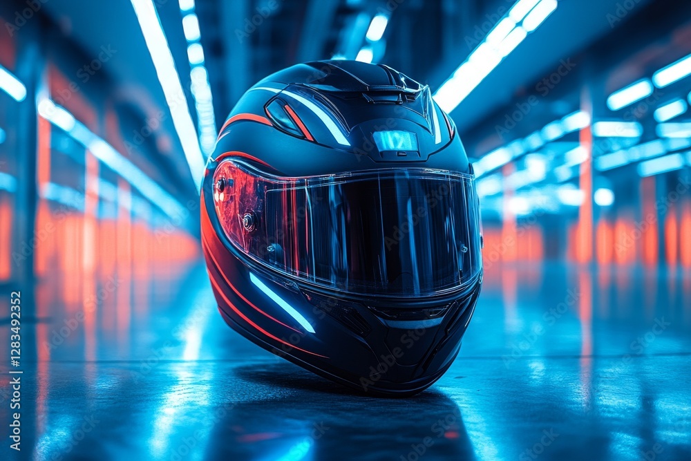 Fototapeta premium Motorcycle helmet displayed against vibrant neon lights in an industrial setting showcasing modern design and technology