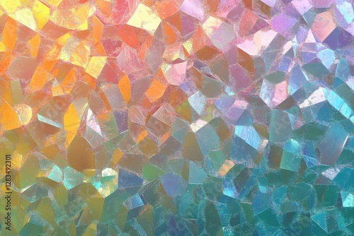 Iridescent mosaic glass surface with colorful reflective fragments, creating a dynamic and artistic abstract texture.

