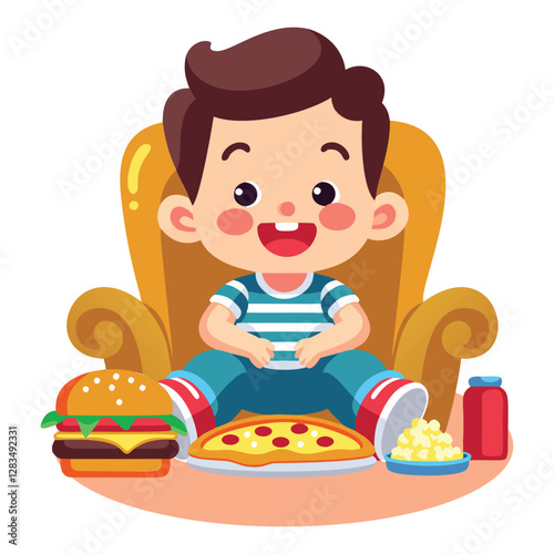 A cartoon illustration of a chubby boy sitting in an orange armchair, happily consuming unhealthy snacks like popcorn, soda, pizza, and a burger