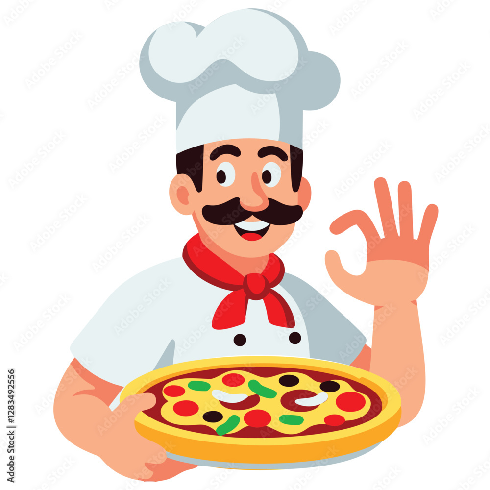 A cheerful cartoon chef in a chef's uniform, holding a pizza, gives a thumbs-up A cheerful cartoon chef in a chef's uniform, holding a pizza, gives a thumbs-up