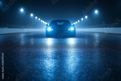 Nighttime car on wet track showcases vibrant headlights in a dark environment with reflections and focused lighting