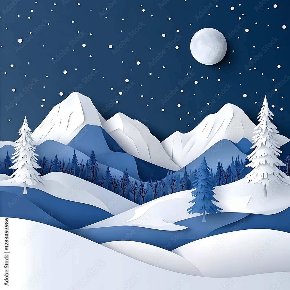 Fototapeta premium Elegant Papercraft Winter Wonderland Blue and White Snow
