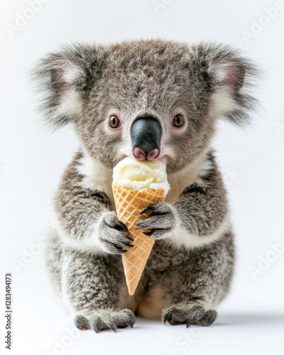 baby koala holding an icecream cone, isolated white background