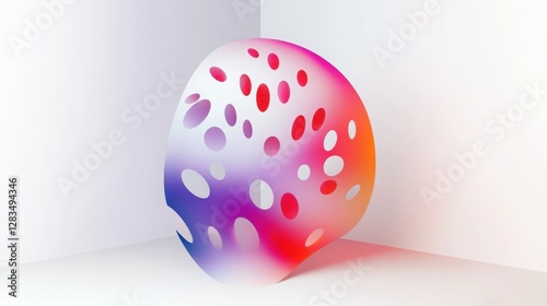 Abstract perforated sculpture with a gradient of warm and cool colors set against a minimalistic white corner background.

 photo