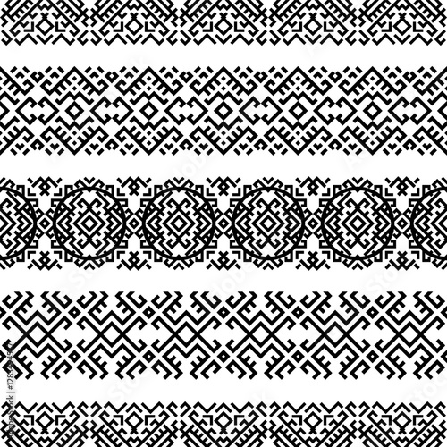 Inspired by indigenous art, this seamless black and white horizontal pattern features bold geometric repetition, perfect for fashion, packaging, and decorative designs.