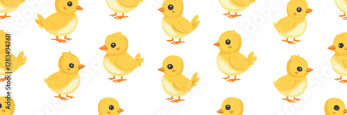 Cute yellow baby chicks walking on a white background