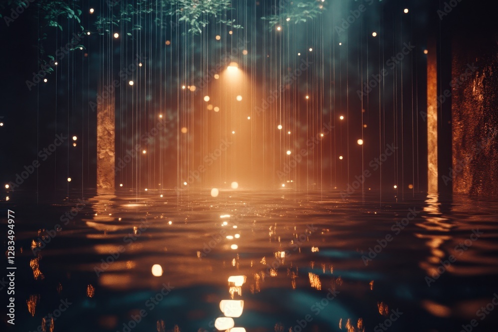 Enchanting water scene with soft lights illuminating a tranquil space at dusk Enchanting water scene with soft lights illuminating a tranquil space at dusk