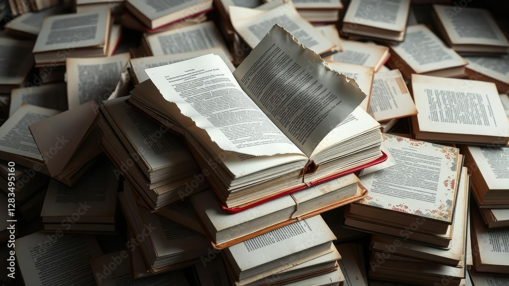 Obraz premium A large pile of books with some books open on top revealing torn pages, bookshelf, cluttered room, broken page